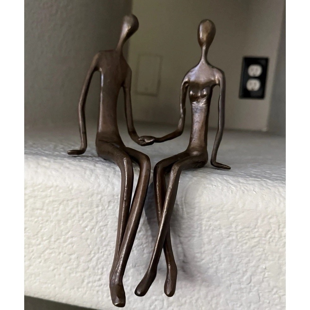 Bronze Couple Sitting Sculpture Signed "DB" Modernist Brutalist Style
